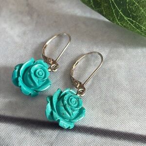 925 sterling silver rose carved flower natural turquoise blue dangling earrings